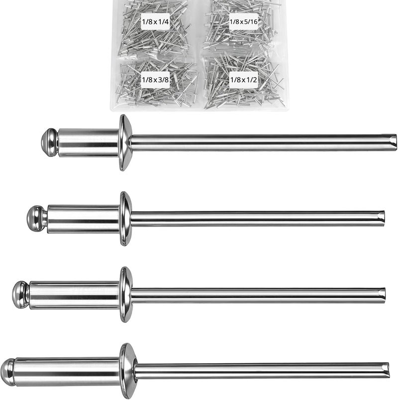 ZQZ طقم مسامير ريفيت 320 قطعة بحجم 1/8 بوصة - 4 أحجام من مسامير الألمنيوم (1/8" × 1/4"، 1/8" × 5/16"، 1/8" × 3/8"، 1/8" × 1/2")، مسامير ريفيت عمياء لرأس القبة المعدنية - Image 1